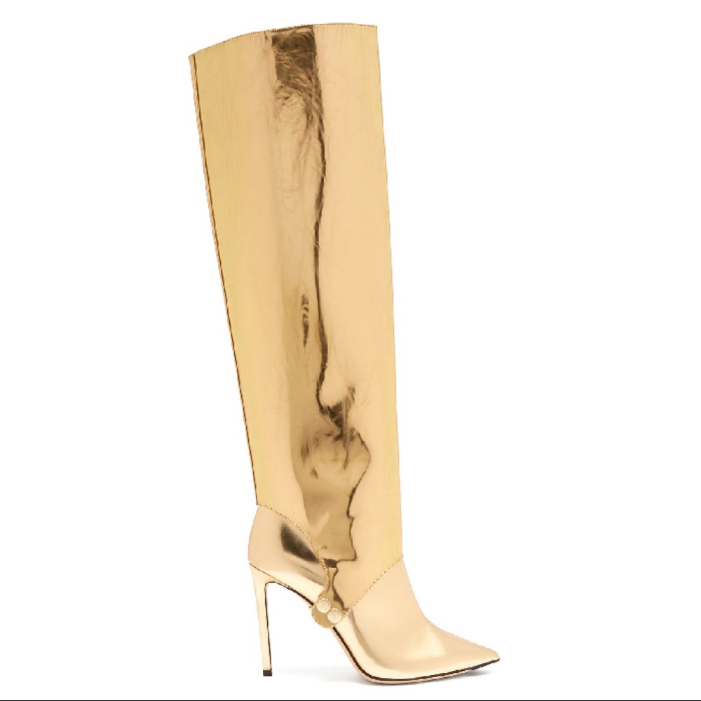 New Jimmy Choo Hurley 100 Two-Piece Knee High Gold Leather Boots